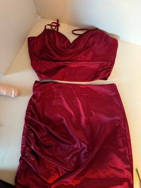 Honey and Rosie Wine Red Satin Dress Set